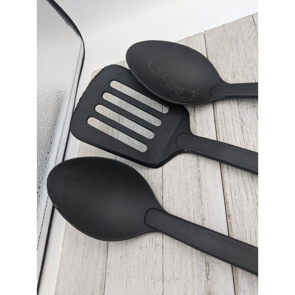 Set of 3 Nylon Utensils Solid Spoon Slotted Spatula Turner Flipper Black Plastic - Picture 3 of 7